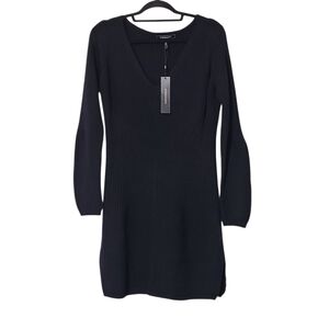 BCBGMAXAZRIA Black Wool Blend V-neck Sweaterdress Womens Rib Knit Mini Dress L